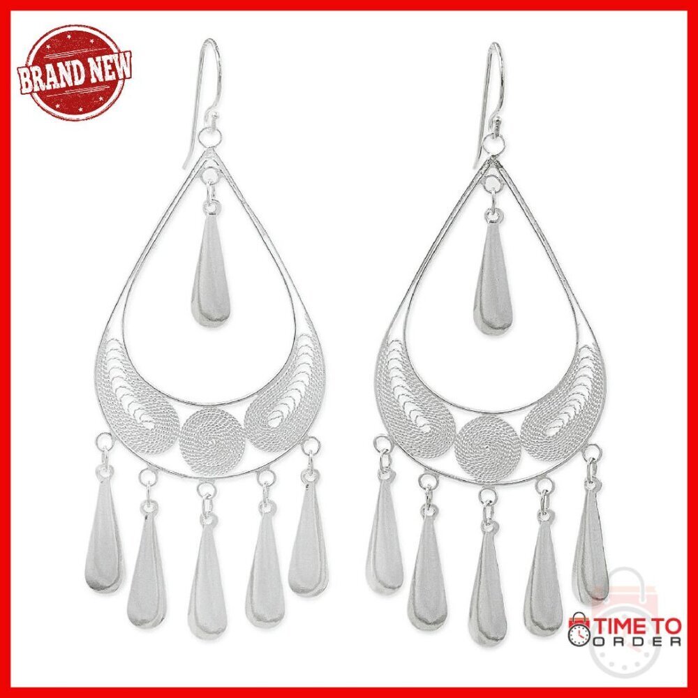 Sterling Silver Filigree Chandelier Earrings 3" Handmade Statement
